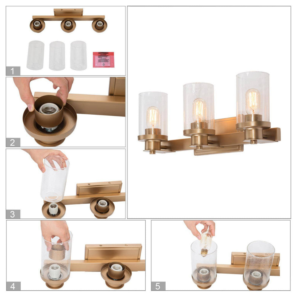 LNC 3-Light Gold Modern Bathroom Vanity Light, Seeded Glass