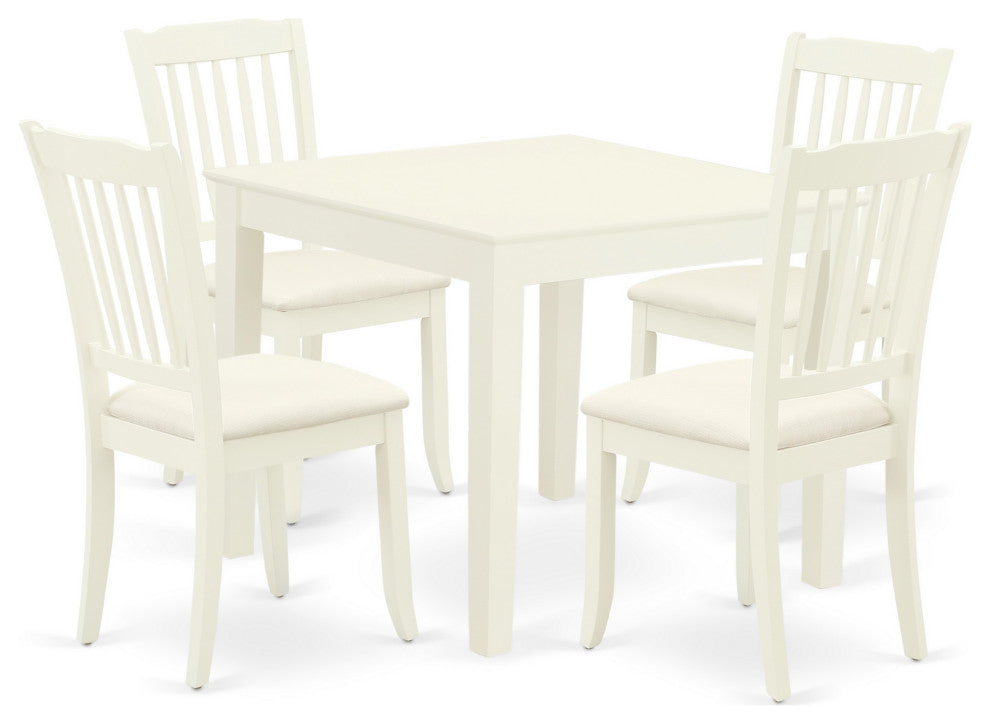 5Pc Dining Set, Square Table, Four Linen Seat Chairs, Linen White