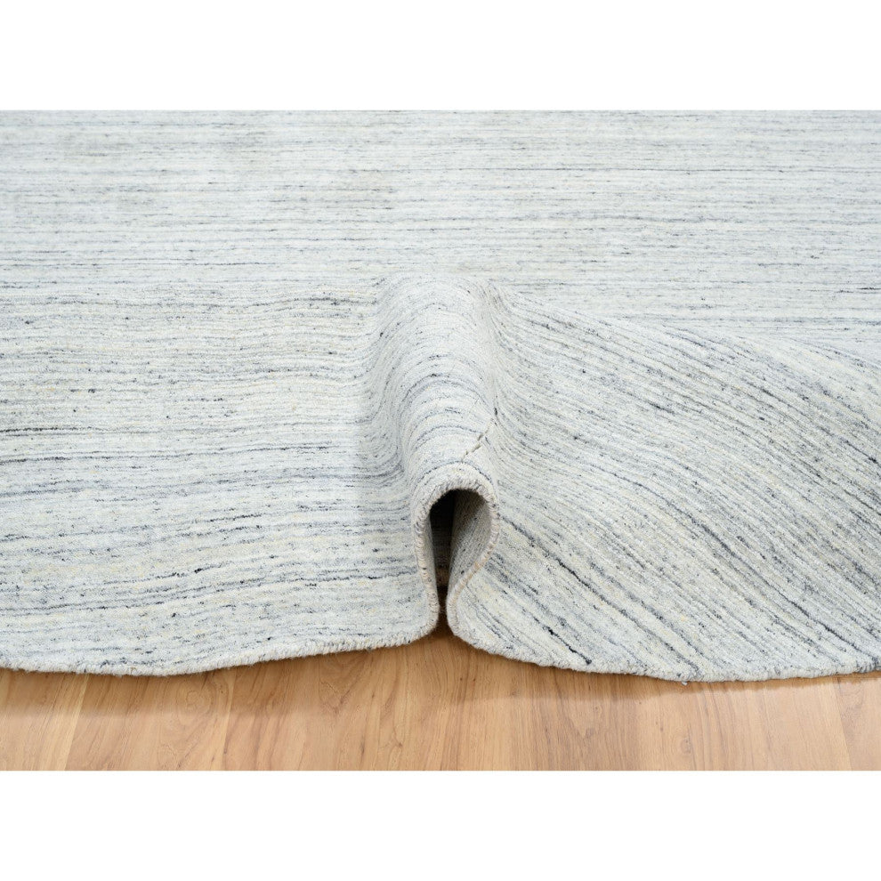 Ivory Plain Modern Striped Design Pure Wool Hand Loomed Round Rug, 11'10"x11'10"