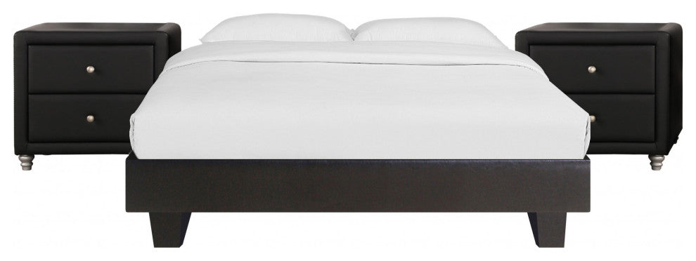 Black Platform Queen Bed With Two Nightstands