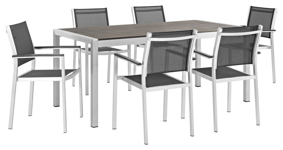 Shore 7-Piece Outdoor Aluminum Dining Set, Silver Black