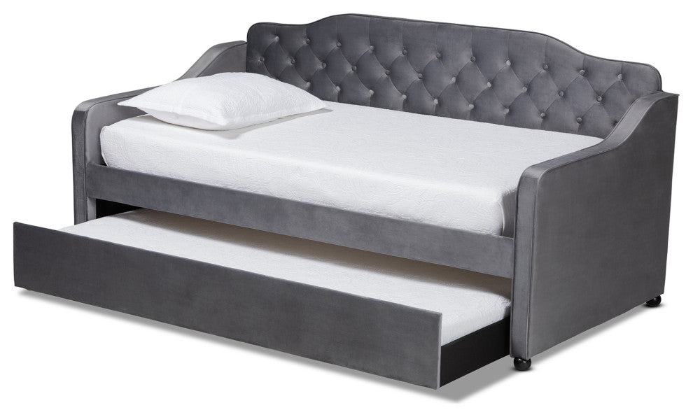 Hadgeon Gray Velvet Twin Daybed With Trundle