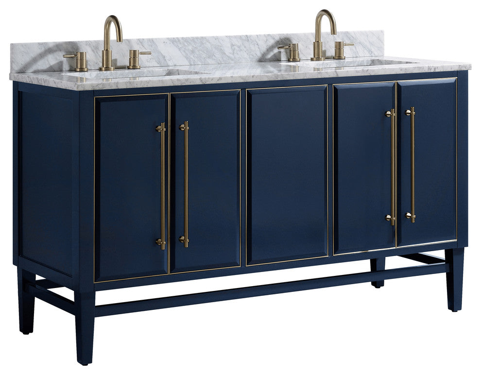 Mason 61" Vanity Combo, Navy Blue, Matte Gold Hardware / Natural 1" Carrara White Marble Countertop and Backsplash