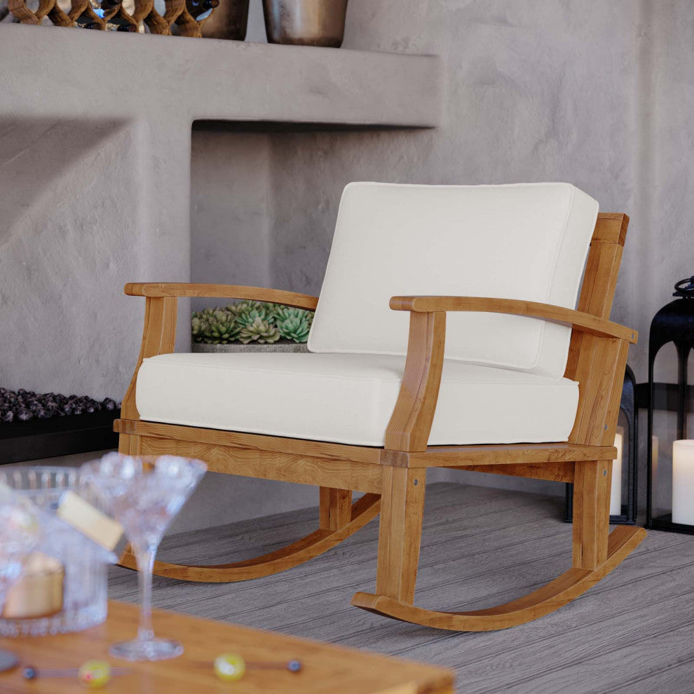 Lounge Rocking Chair, Wood, Brown Natural White, Modern, Outdoor Patio Bistro