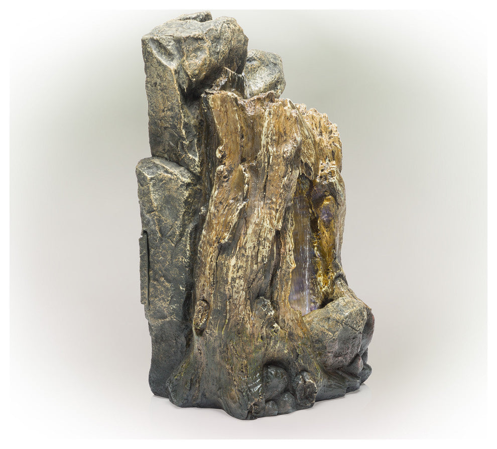 Alpine Rainforest Waterfall Tree Trunk Fountain With LED Lights, 22" Tall