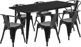 Commercial 31.5"x63" Black Metal Indoor-Outdoor Table Set, 6 Arm Chairs