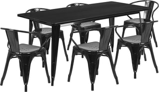 Commercial 31.5"x63" Black Metal Indoor-Outdoor Table Set, 6 Arm Chairs