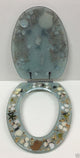 LIGHT BLUE SEAHORSE AND SEAHORSE STANDARD SIZE RESIN TOILET SEAT, CHROME HINGES