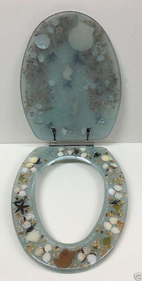 LIGHT BLUE SEAHORSE AND SEAHORSE STANDARD SIZE RESIN TOILET SEAT, CHROME HINGES