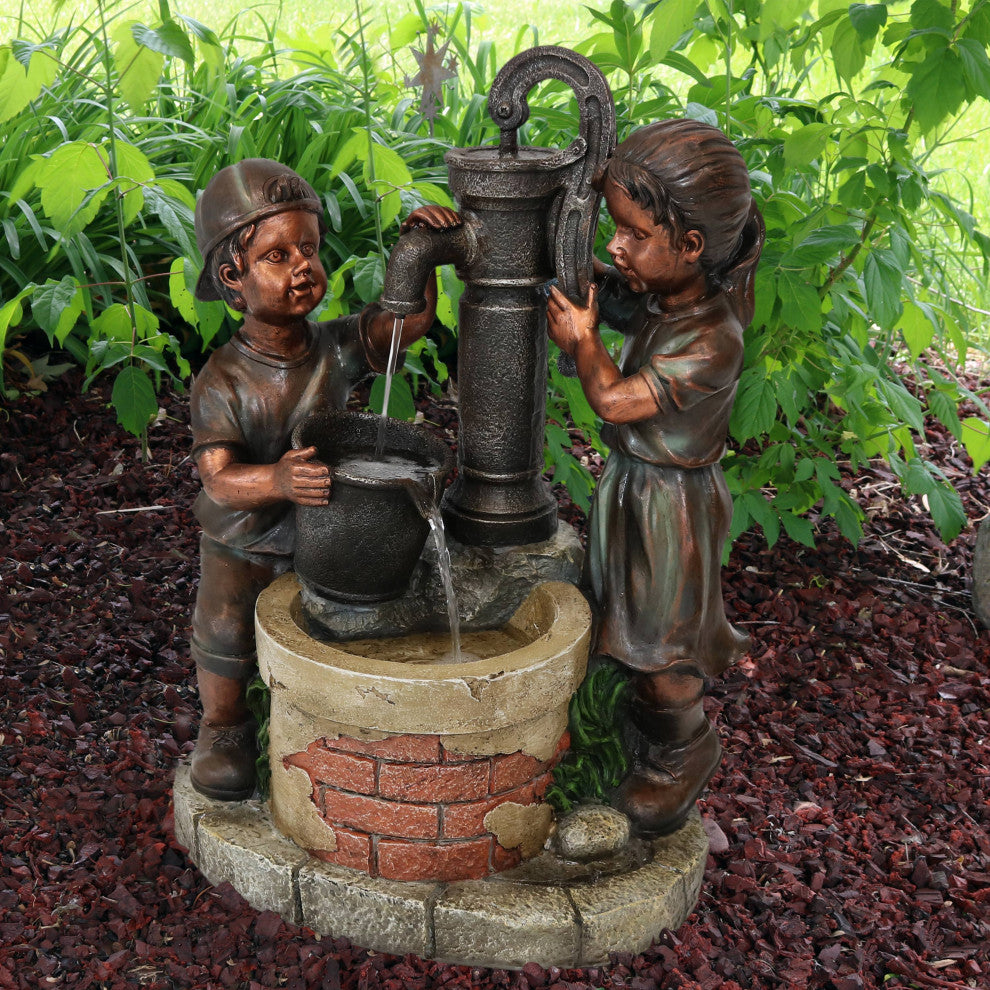 Sunnydaze Jack and Jill Water Pump and Well Outdoor Water Fountain 24" Feature