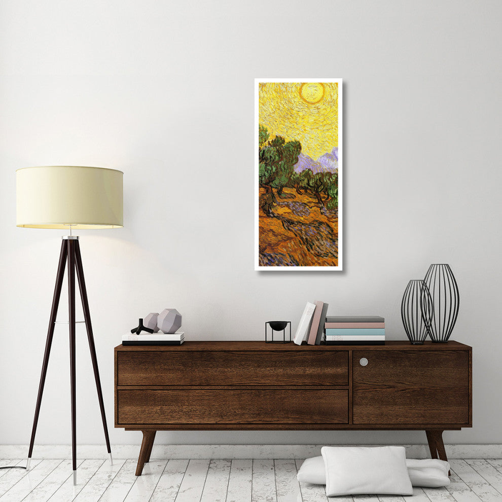 "Olive Trees With Yellow Sky And Sun (center)" Paper Art, 21"x46"