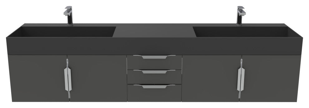 CastelloUSA Amazon 84" Wall Mounted Bathroom Vanity Set, Black, Black Top, Brushed Nickel