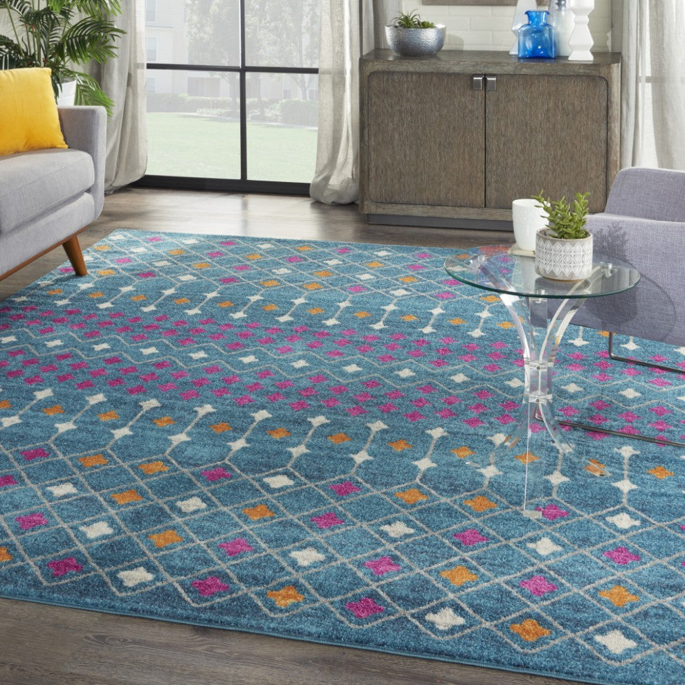 7' X 10' Blue And Orange Geometric Dhurrie Area Rug