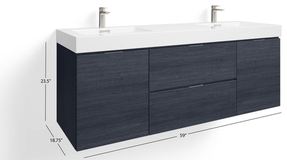 Boutique Bath Vanity, Gray Oak, 60", Double Sink, Wall Mount