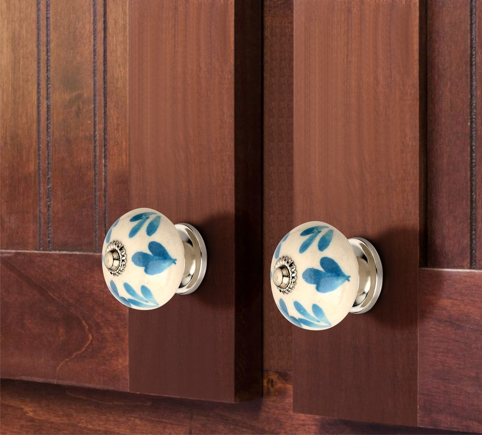 Floral Elegant 1-3/5", 41mm, Blue and White Cabinet Knob, Pack of 5