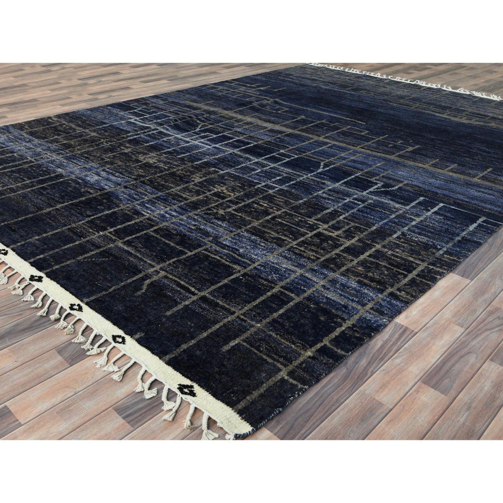 Denim Blue, Hand Knotted Ben Ourain Moroccan Berber Soft Wool Rug, 9'x12'5"