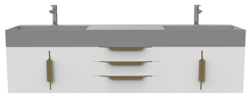 CastelloUSA Amazon 72" Wall Mounted Vanity Set, White, Gray Top, Gold Handles