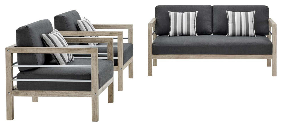 Lounge Sectional Sofa Chair Set, Wood, Gray, Modern, Outdoor Patio Cafe