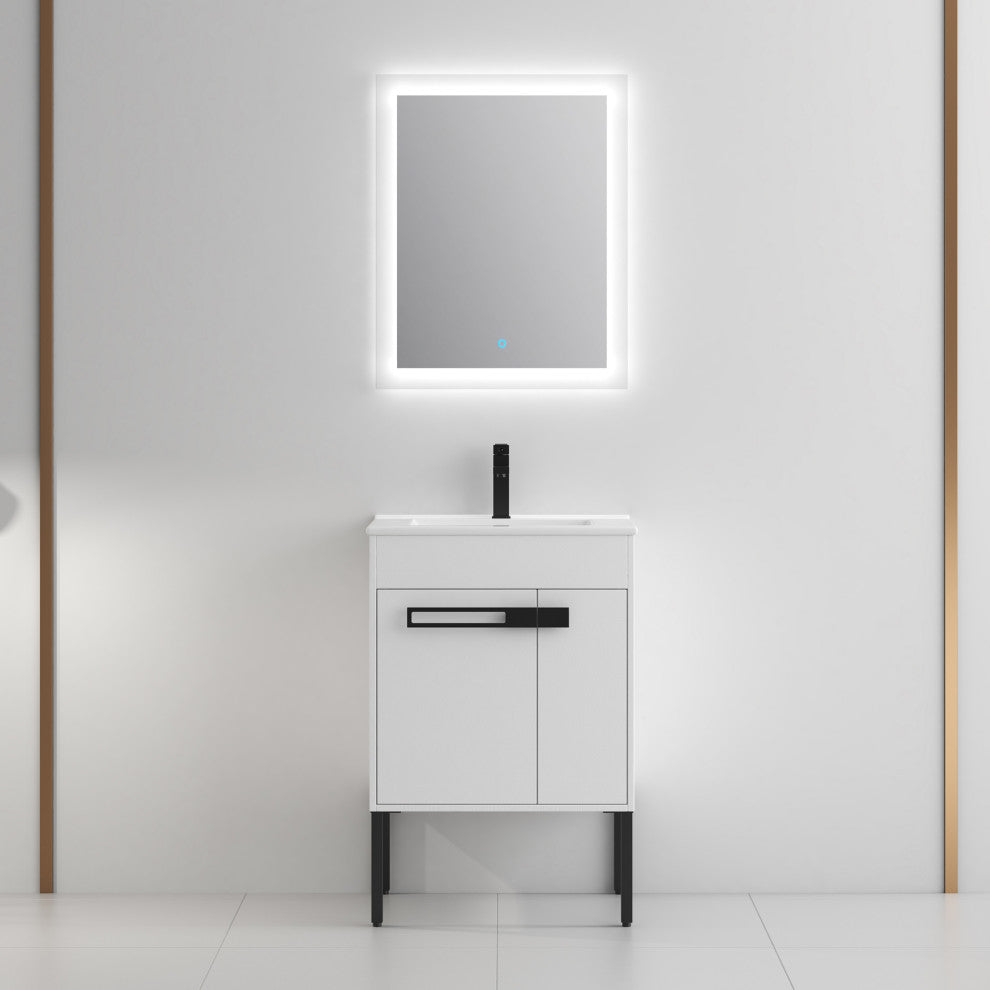 Freestanding/Floating Bathroom Vanity With white Ceramics Top, White, 24"