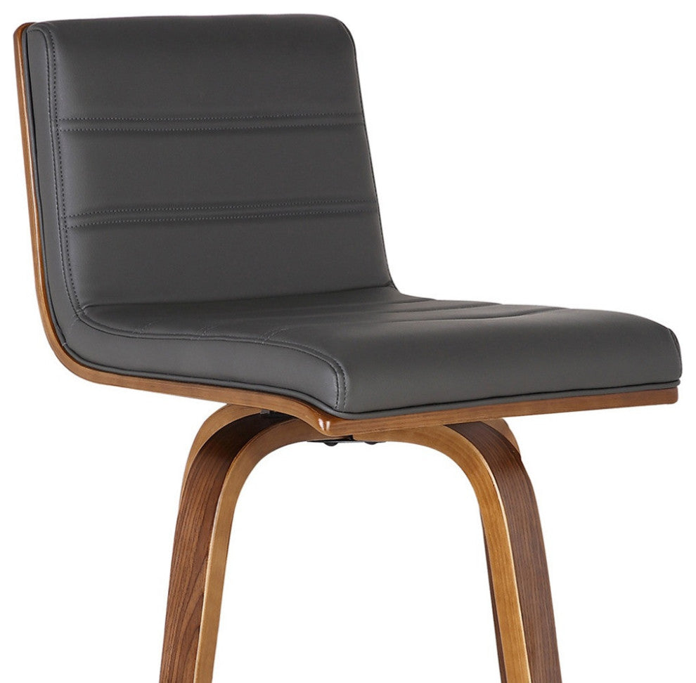30" Gray Brown Faux Leather Solid Wood Low Back Bar Height Swivel Bar Chair