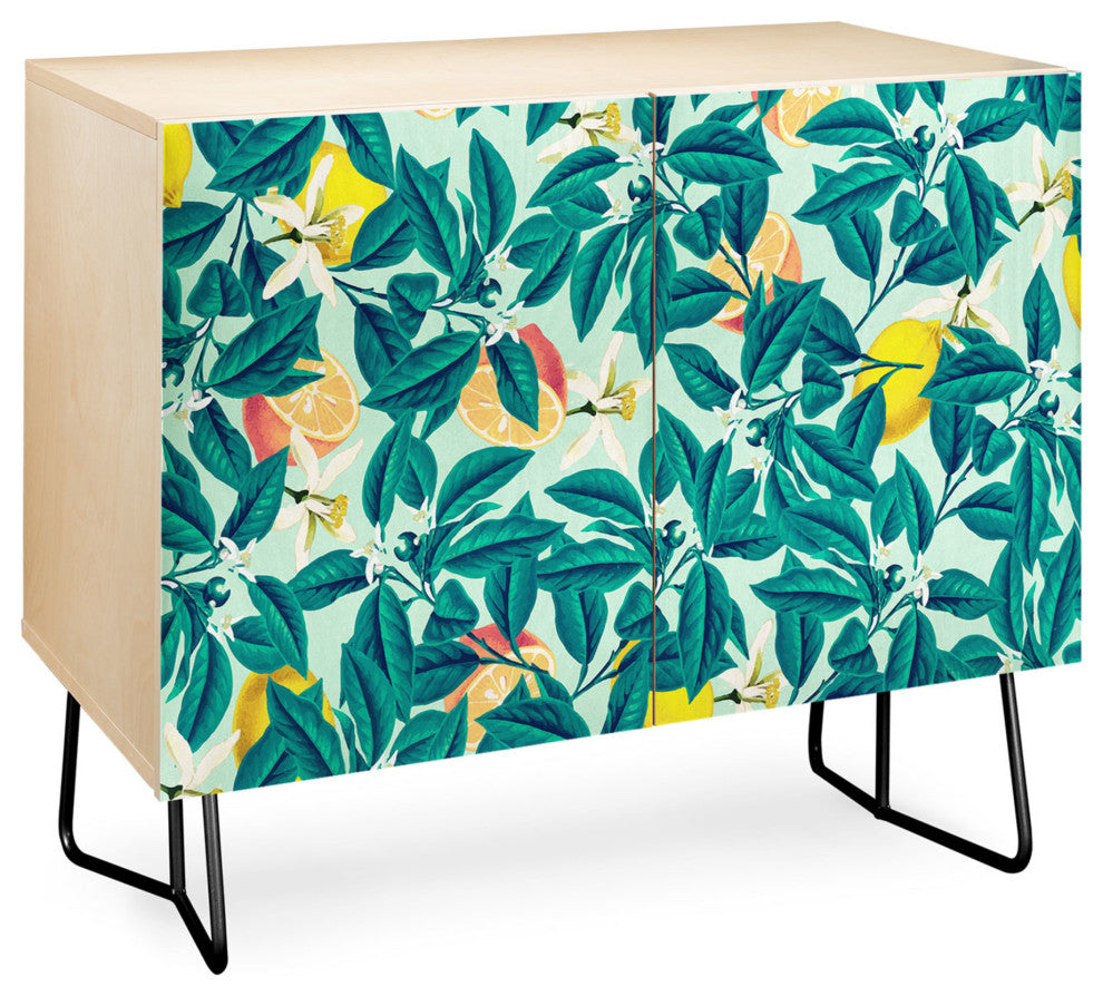 Deny Designs Lemon Pattern Credenza, Birch, Black Steel Legs