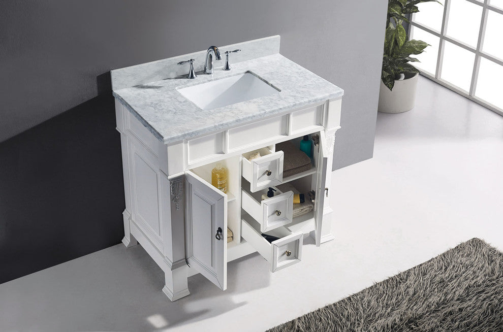Virtu Huntshire 40" Single Bathroom Vanity, White With Marble Top, With Mirror
