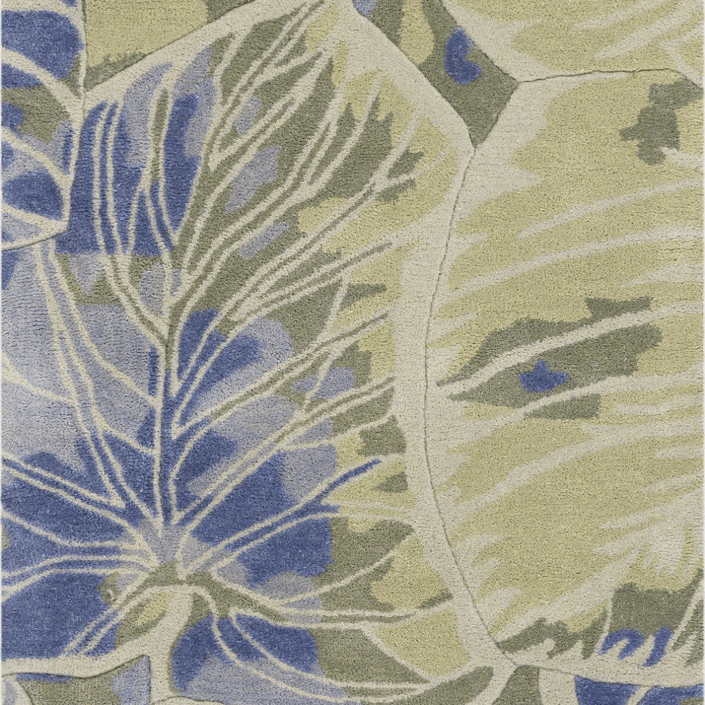 2' X 10' Blue Or Green Oversized Leaves Wool Indoor Runner Rug