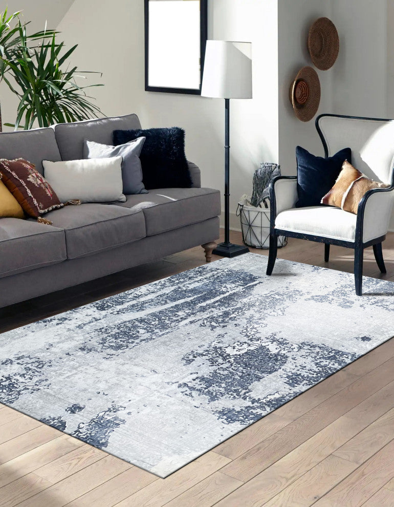 Hand-Knotted Wool Ivory/Blue Transitional Modern Modern Rug, 7' X 9'