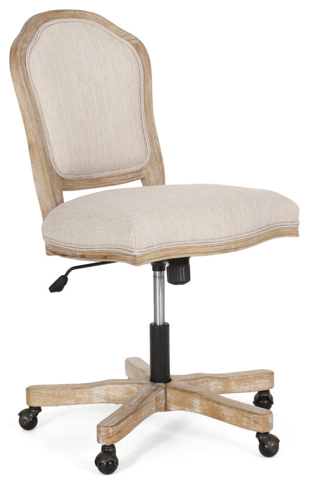 Oakes Upholstered Swivel Office Chair, Beige + Natural, 100% Polyester + Rubber Wood + Iron
