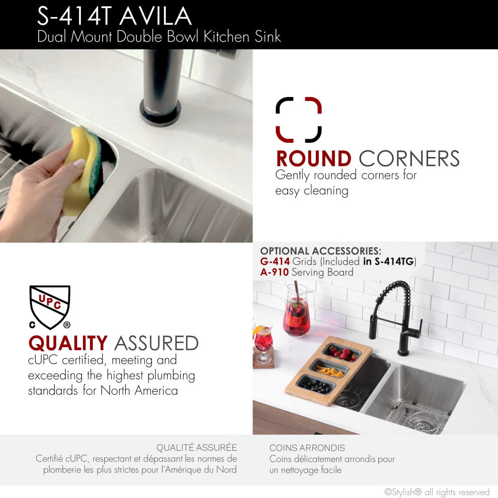 STYLISH 29" Double Bowl Undermount and Drop-in Stainless Steel Kitchen Sink
