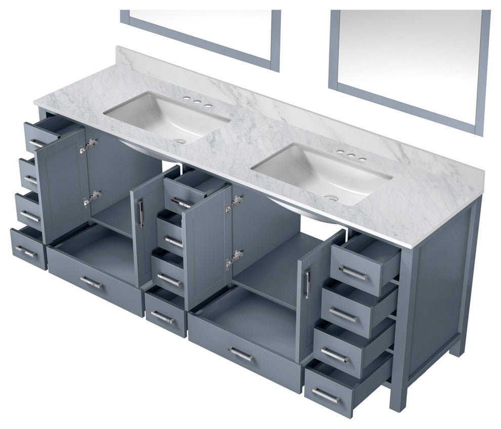 Jacques 84" Dark Gray Double Vanity Carrara Marble Top Sinks, 34" Wall Mirrors