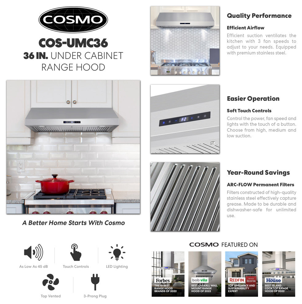 36 in. Under Cabinet Range Hood with Touch Controls in Stainless Steel