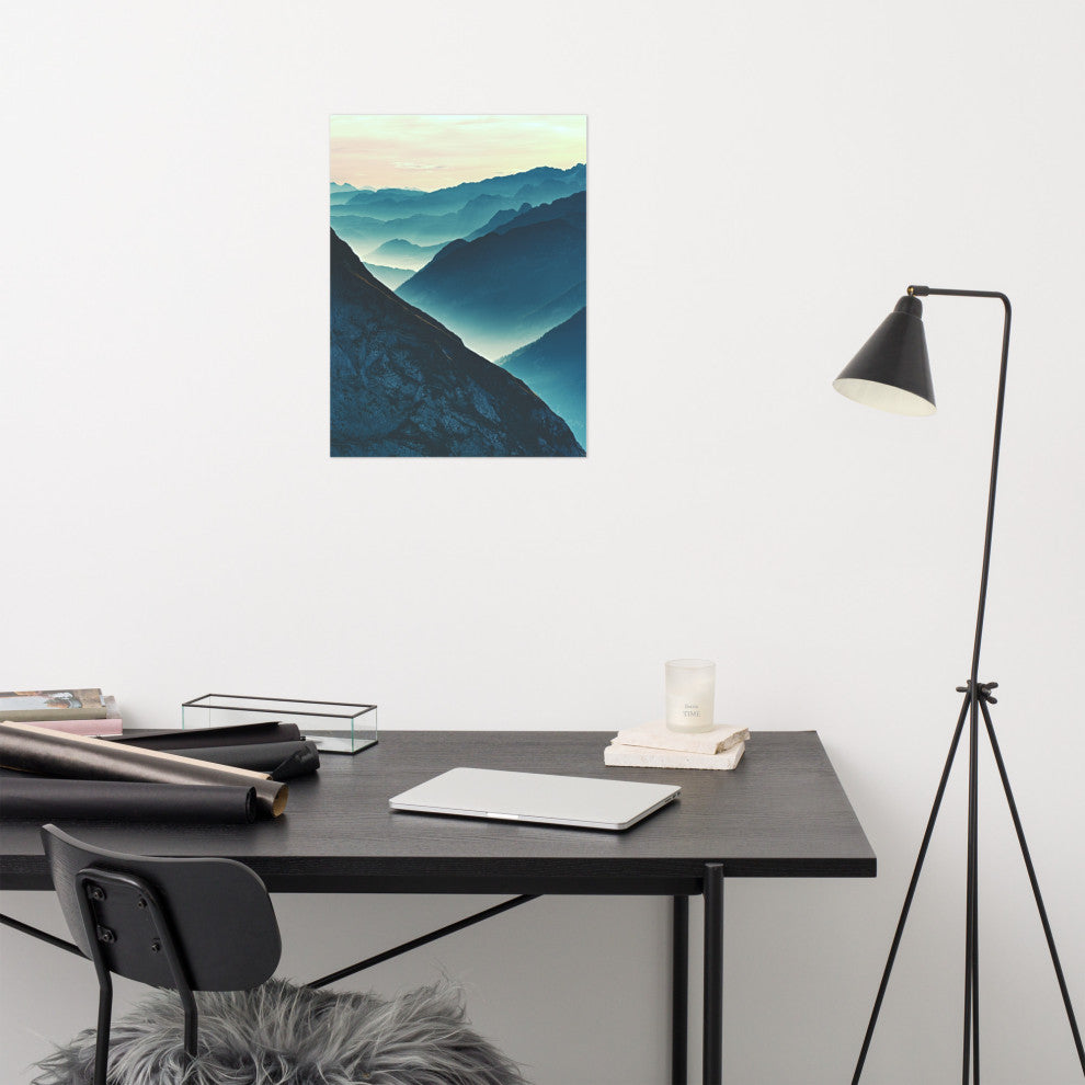 Misty Blue Silhouette Mountain Range Landscape Photo Unframed Wall Art Prints, 18" X 24"