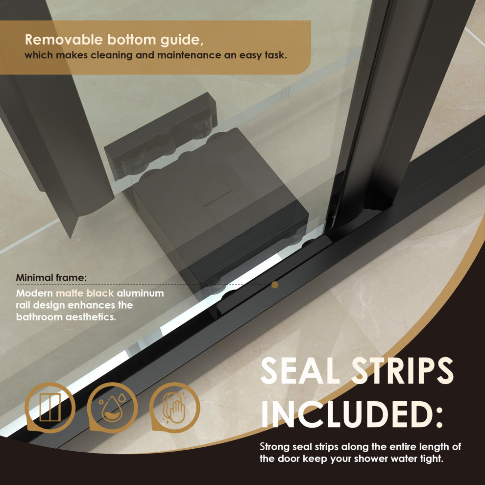 Frameless Exposed Roller Shower Door, Clear Glass, Matte Black, 68" W X 76" H