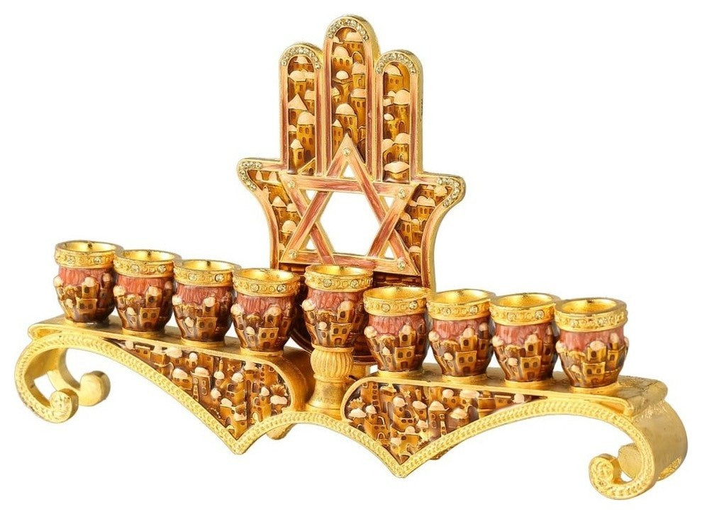 Hand Painted Enamel Menorah Candelabra Hamsa with Star of David Design