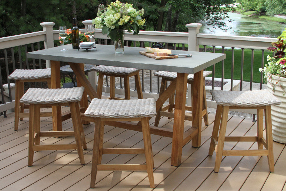 7-Piece Teak And Wicker Counter Height Dining Set, Grey Top/Saddle Stools