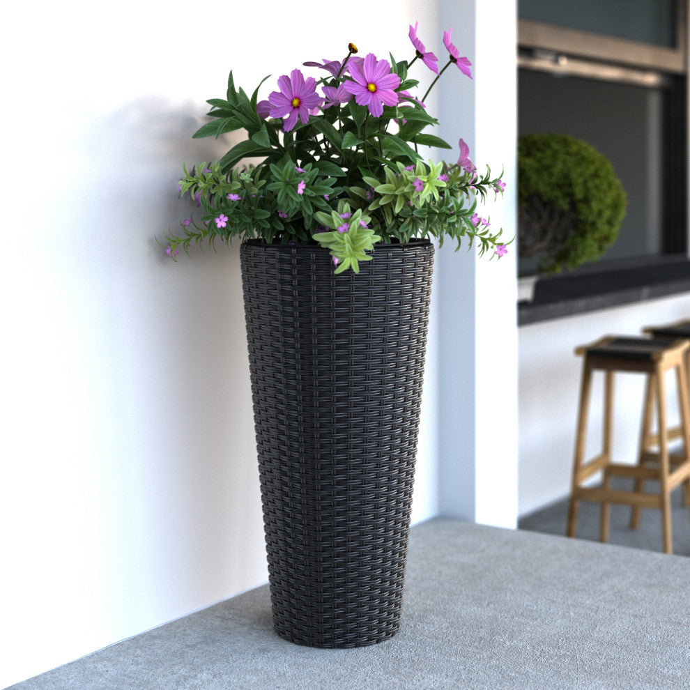 Noah Round Wicker Planter 2-Piece Set, Black