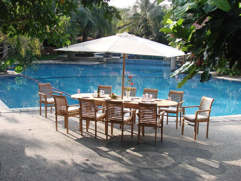 11-Piece Outdoor Teak Dining Set: 117" Oval Table, 10 Mas Stacking Arm Chairs