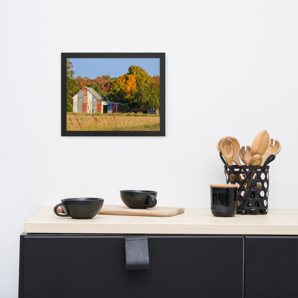 Patriotic Barn in Field Rural Landscape Framed Photo Paper Wall Art Prints, Black, 11" X 14"