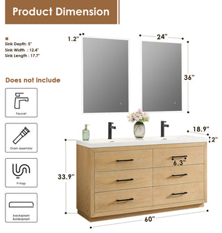 Sigrid Bathroom Vanity, White Oak, 60", With Mirror