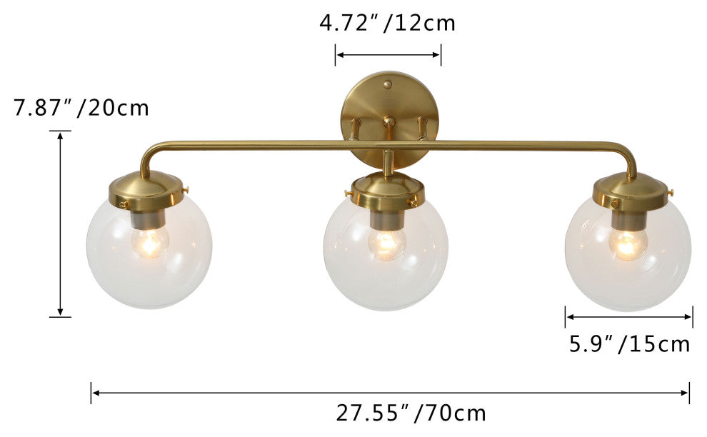 3-Lights Clear Globe Transparent Glass Shade Dimmable Wall Sconce Vanity Light