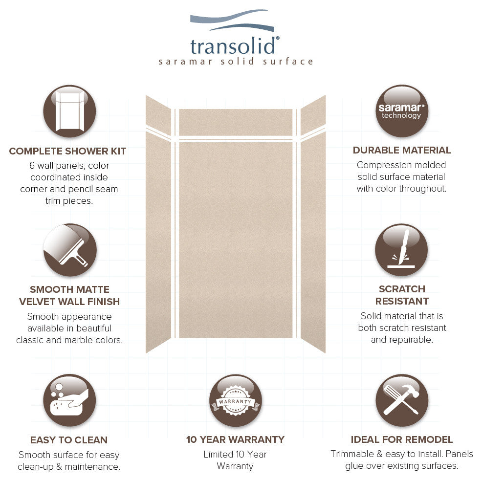 Transolid SaraMar 48"x36"x96" 6-Piece Shower Wall Kit, Cashew Velvet