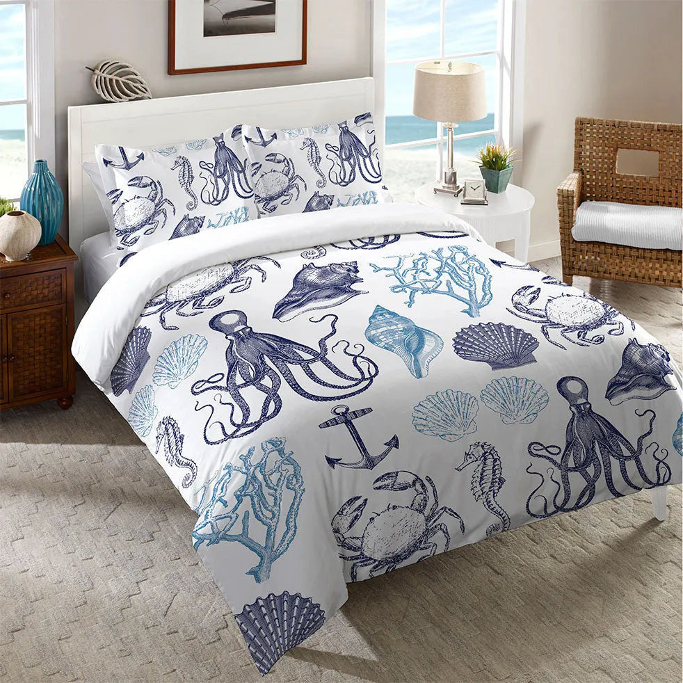 Laural Home Navy Coastal Creatures King Duvet Cover