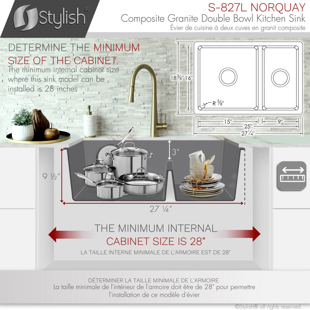 27"x18" Gray Double Bowl 60/40 Dual Mount Granite Kitchen Sink