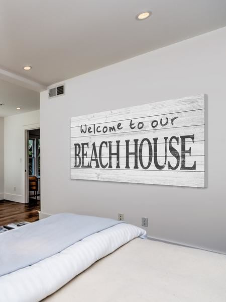 "Welcome to Our Beach" Painting Print on White Wood, 60"x30"