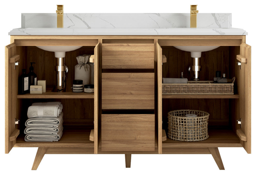 Madison Teak 60 Double Bathroom Vanity in Light Natural 1.5" Calacatta Laza