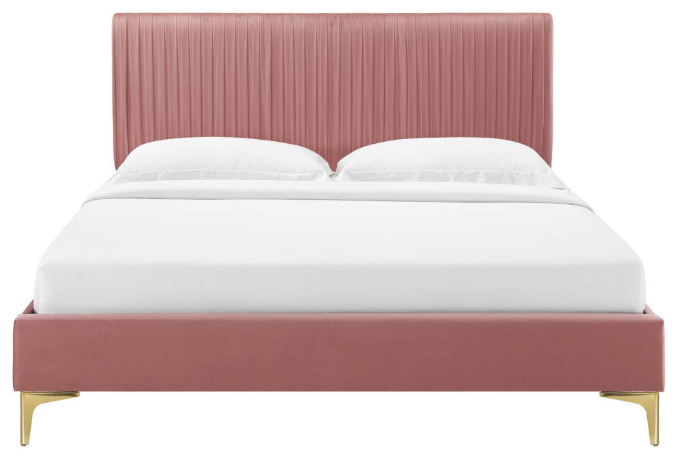 Platform Bed Frame, Queen Size, Velvet, Pink, Modern Contemporary, Bedroom