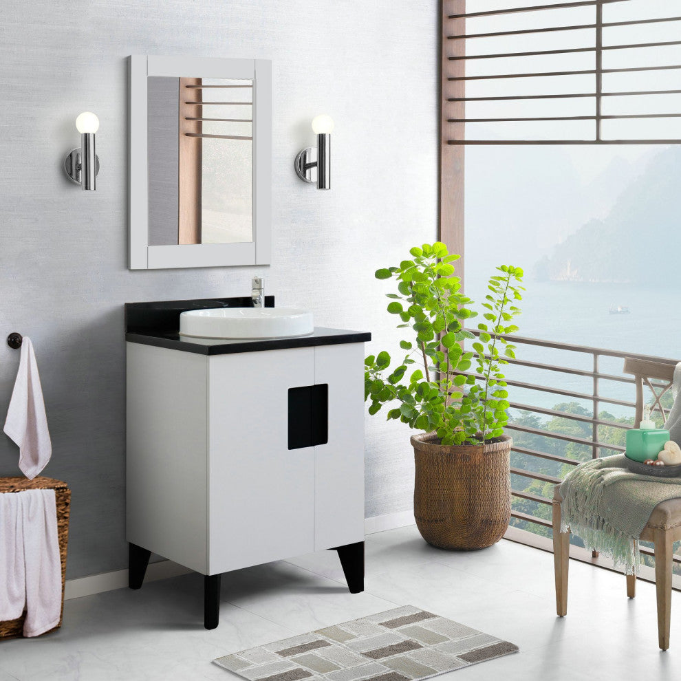 25" Single Sink Vanity, White Finish With Black Galaxy Granite And Round Sink