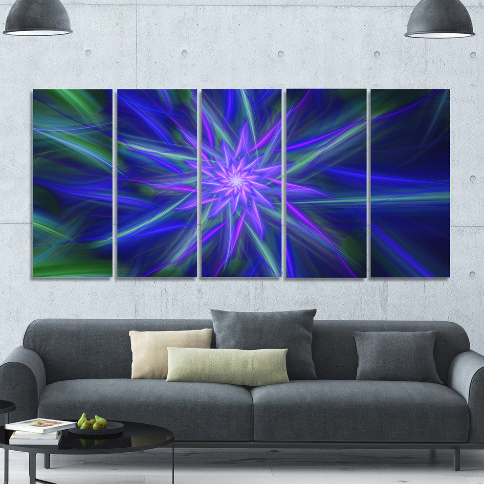 Shining Blue Exotic Fractal Flower, Floral Canvas Art Print, 60"x28", 5 Panels