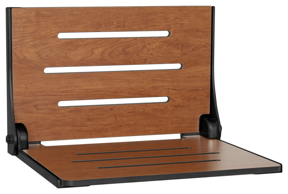 Silhouette Folding Wall Mount Shower Bench Seat, Rustic Teak, Matte Black Frame